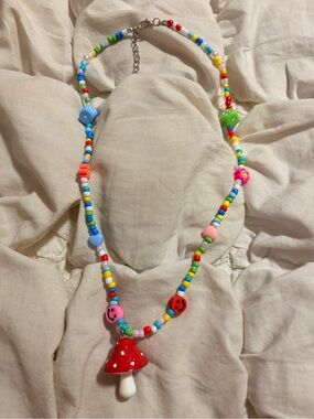 Free People Multi-Color Beaded Red Mushroom Pendant Statement Necklace